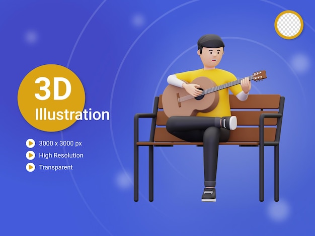 PSD o homem 3d senta-se ao jogar uma ilustração da guitarra acústica