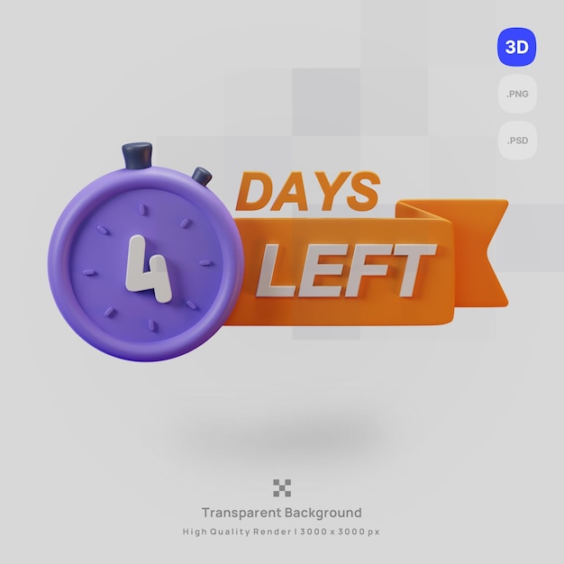 PSD o ícone psd 3d renderiza um relógio de vendas de banner roxo com 4 dias restantes de fundo transparente