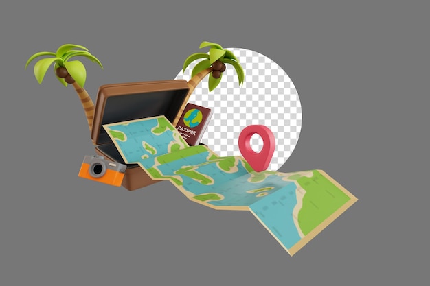 O mapa de viagem sai de uma mala e uma ilustração de renderização 3D da câmera