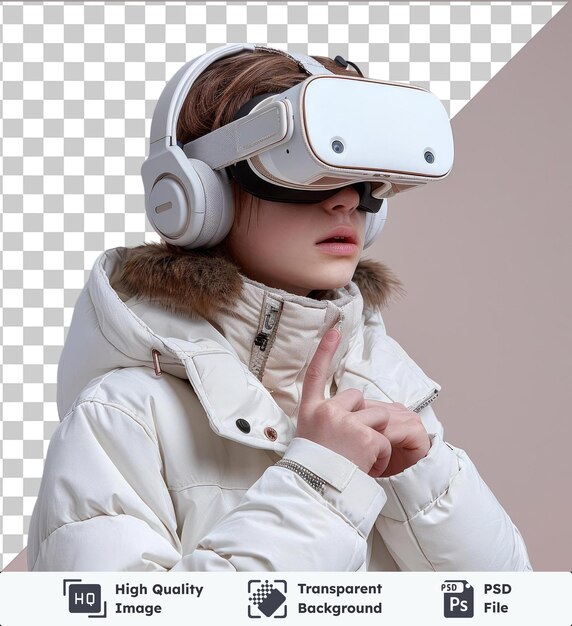 PSD o menino de psd transparente de alta qualidade usando óculos vr com fones de ouvido é uma foto média de um menino adolescente usando e tocando um fone de ouvido de realidade virtual de pé em frente a uma parede branca.