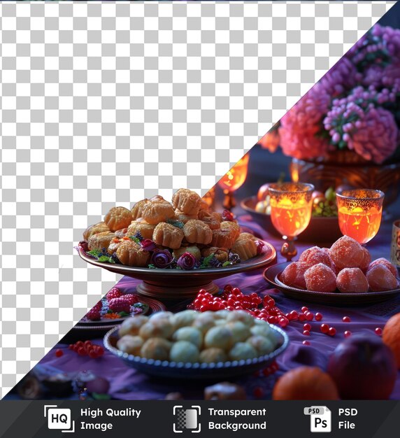 PSD o menu do iftar para o ramadã está cheio de comida. é hora de celebrar com uma distribuição colorida em uma mesa roxa adornada com uma lanterna acesa, uma flor roxa.