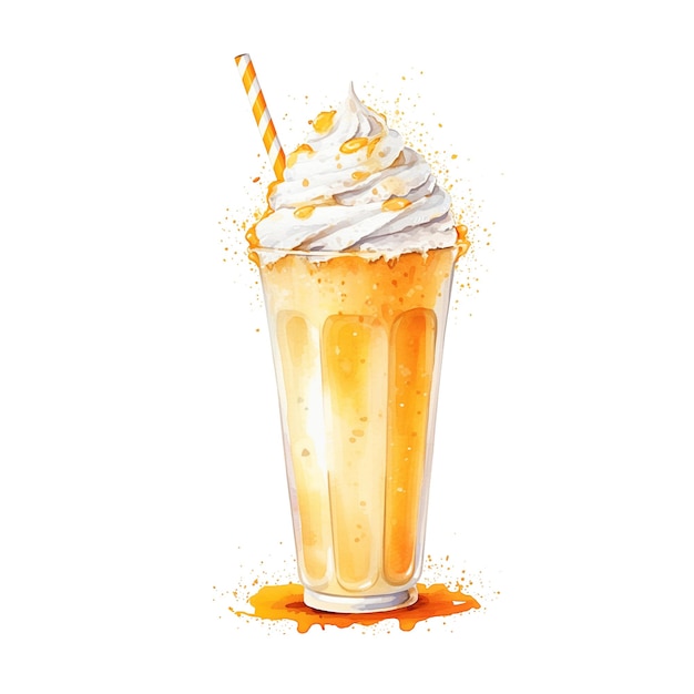 O milkshake com caramelo e sorvete ilustração em aquarela em estilo desenhado à mão