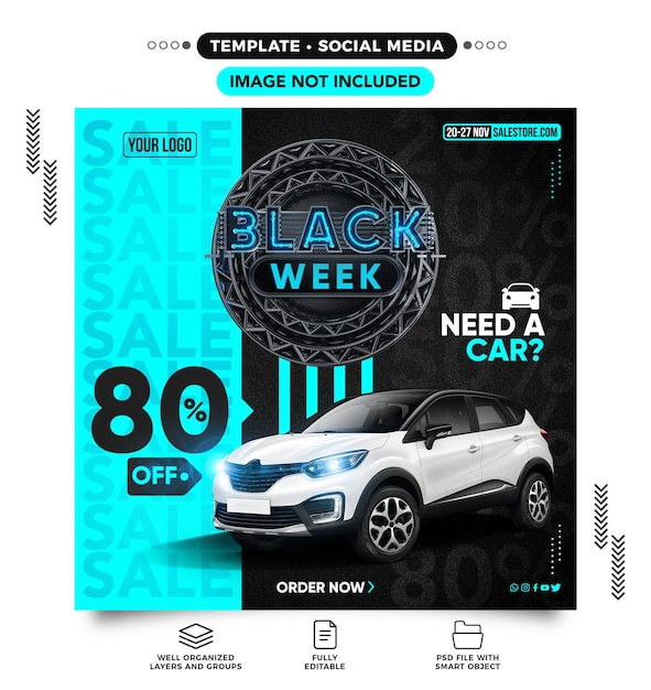 PSD o modelo de feed de mídia social da black week precisa de um carro com desconto de 80