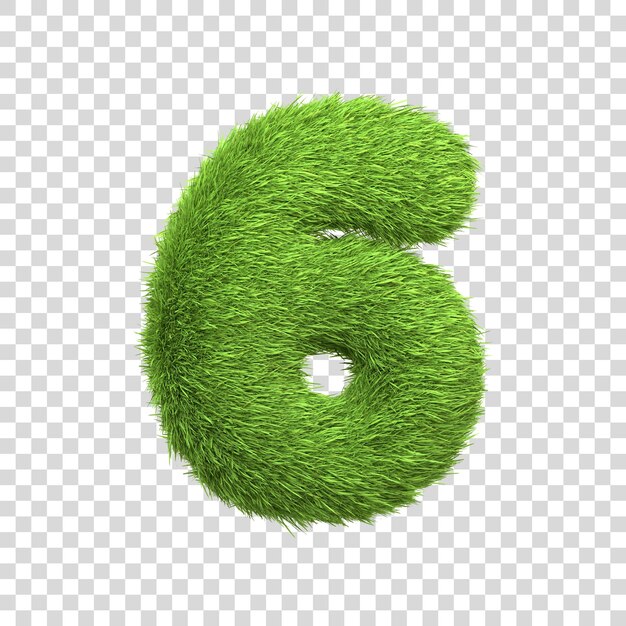 O número 6 em forma de grama verde densa em frente a um fundo branco puro Número 6 Vista frontal