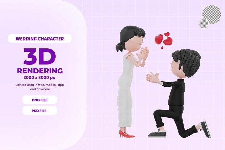 PSD o personagem 3d dos noivos é uma pose de casamento psd premium