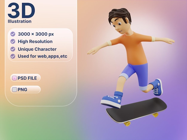 O personagem 3d está andando de skate