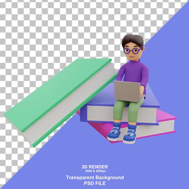 O personagem 3D único de um aluno está estudando