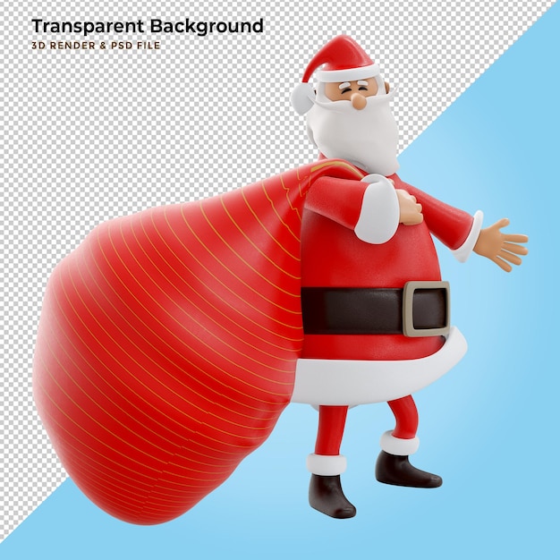 O personagem do Papai Noel tem o prazer de carregar uma sacola de presente vermelha. Ilustração 3D
