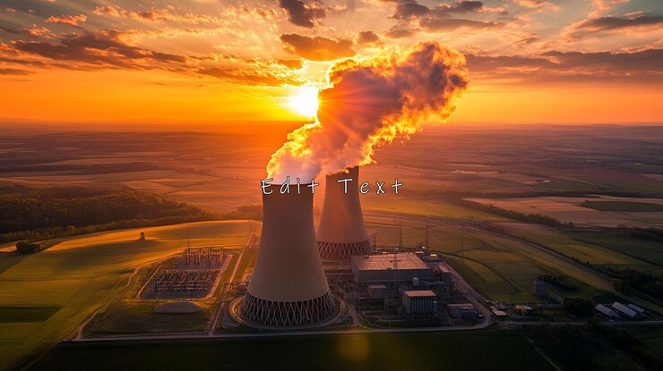 PSD o pôr-do-sol sobre a central nuclear com torres de resfriamento que emitem vapor