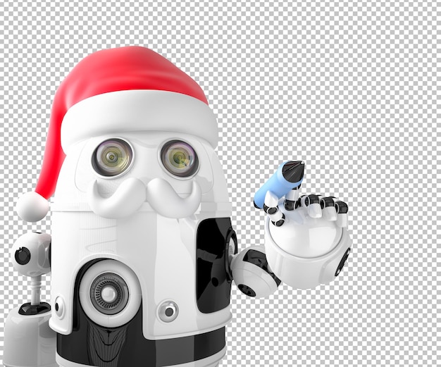 O robô Papai Noel escreve algo com uma caneta. Conceito de natal