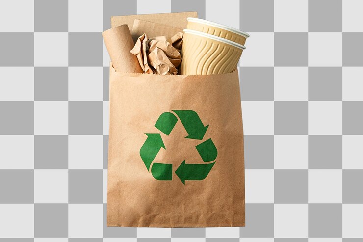 PSD o saco castanho contém resíduos de papel reciclável isolados em png branco