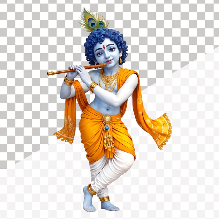 PSD o senhor krishna vestindo roupas laranjas e tocando flauta.