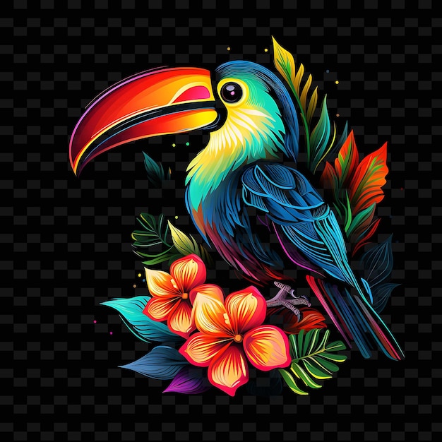 PSD oásis da floresta tropical de tucano linhas de neon coloridas flores exóticas l png y2k formas artes de luz transparente