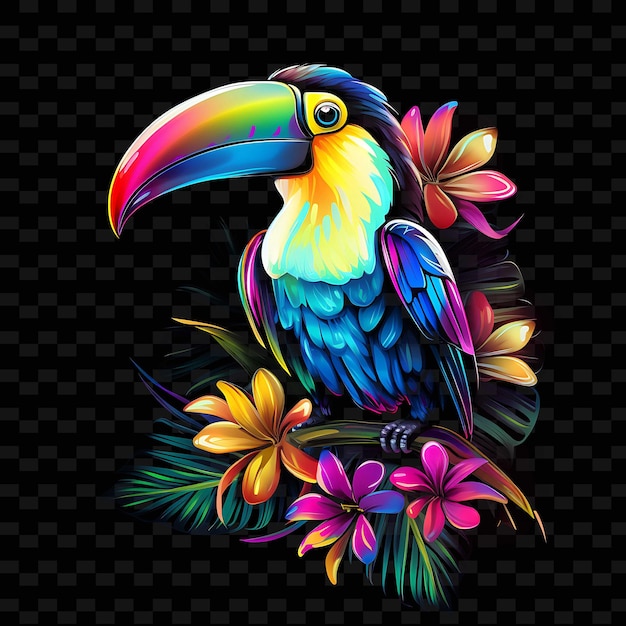 PSD oásis da floresta tropical de tucano linhas de neon coloridas flores exóticas l png y2k formas artes de luz transparente