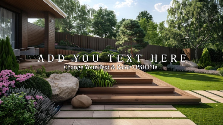 PSD une oasis de jardin avec une terrasse en bois et une verdure luxuriante