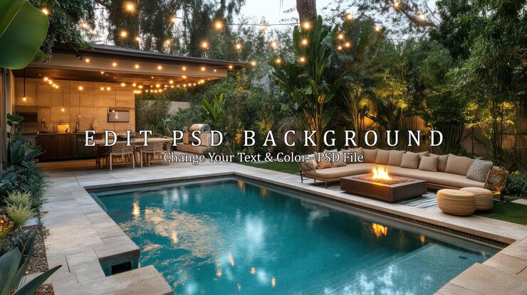 PSD oasis de luxe dans l'arrière-cour avec piscine et cheminée