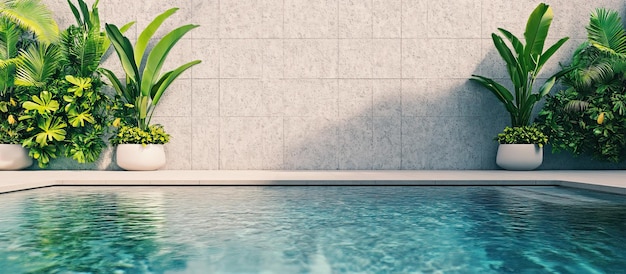 Oásis minimalista à beira da piscina com vegetação exuberante