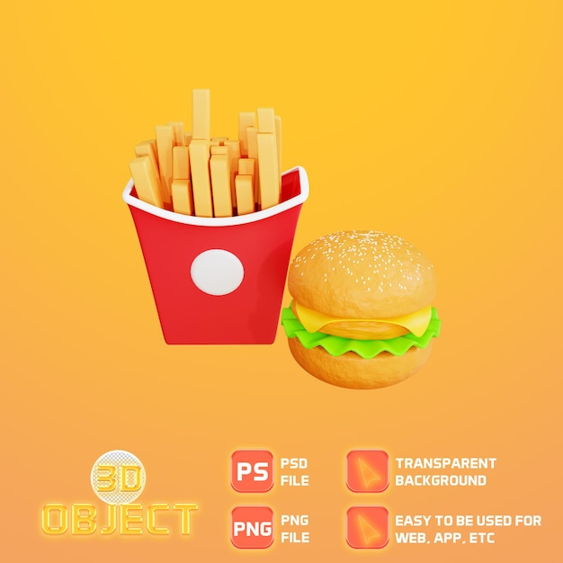 PSD objet 3d burger et frites avec viande de poulet frit
