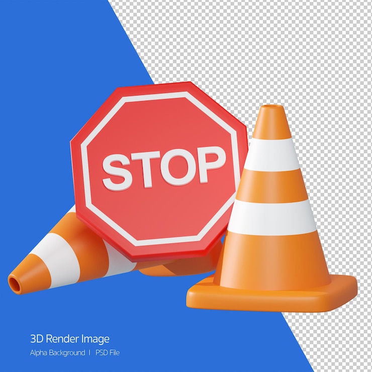 PSD objet 3d rendu du panneau de signalisation. arrêt en construction, cône de signalisation.
