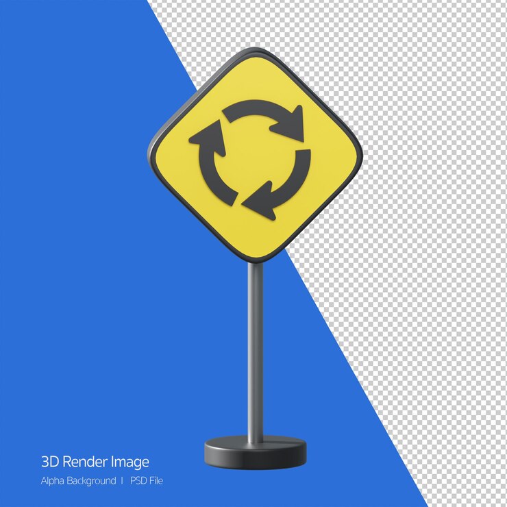 PSD objet 3d rendu du panneau de signalisation. intersection circulaire à venir