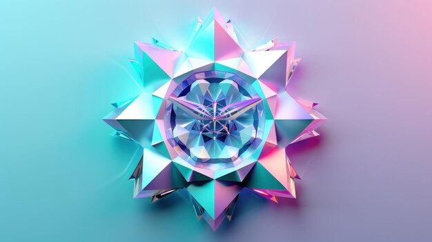 Un objet géométrique en forme d'étoile 3D avec un gradient de couleurs bleu rose et blanc sur un fond bleu clair
