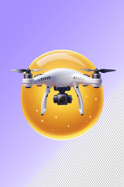 un objet jaune avec une image d'un drone avec une caméra dessus