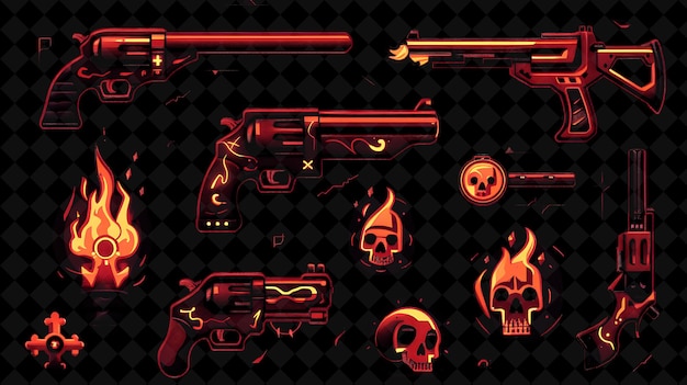 PSD objet de pistolet avec des crânes et des os croisés et des flammes avec des collections d'art de couleur au néon en forme de da y2k