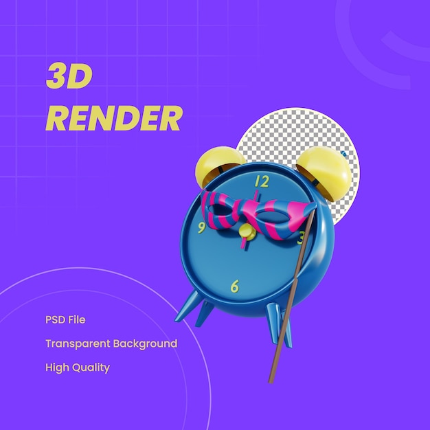 PSD objet de rendu 3d réveil du nouvel an avec masque féminin