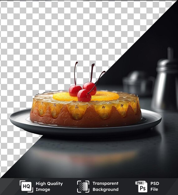 Objet Transparent Ananas Sucré à L'envers Gâteau Avec Des Cerises Rouges Sur Une Assiette Blanche Placé Sur Une Table Noire Avec Une Fenêtre En Verre En Arrière-plan