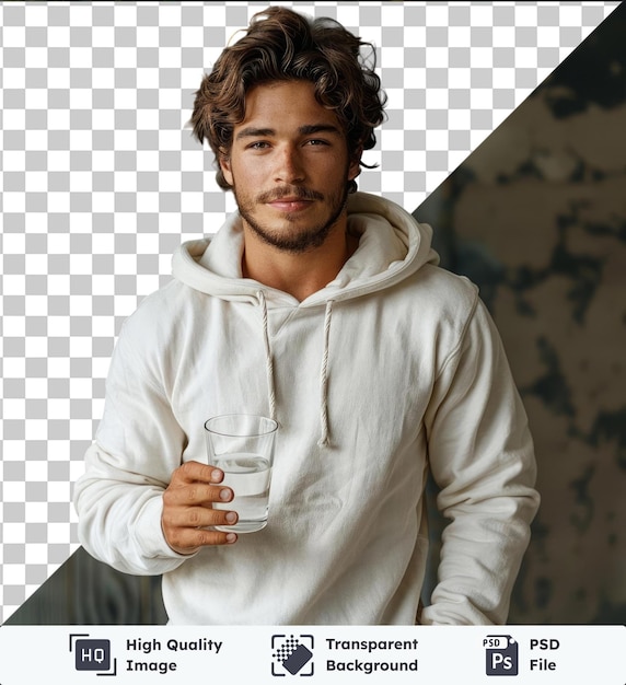 PSD objet transparent un bel homme se tient dans un capuchon blanc tenant un verre dans sa main et tend la main vers lui avec son visage inhalant l'arôme de la boisson photogr studio horizontal