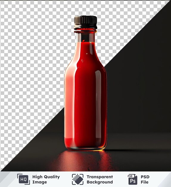 PSD objet transparent bouteille de sauce chaude avec réflexion brillante sur la table noire