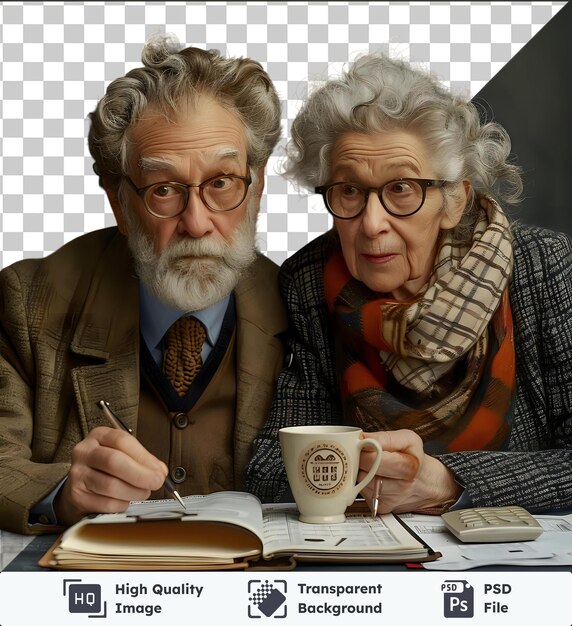 PSD objet transparent couple blanc âgé heureux avec une tasse de café calculant les finances à la maison siège