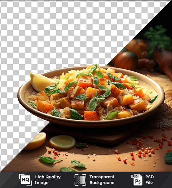 PSD objet transparent curry végétal aromatique servi dans un bol sur une table en bois accompagné de citrons tranchés une citrouille brune et une petite plante verte