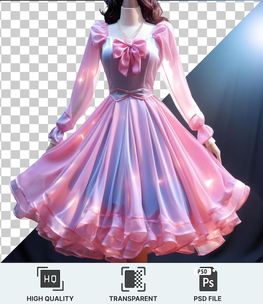 PSD objet transparent dans une robe rose avec des cheveux bruns et un nœud rose sur un mannequin