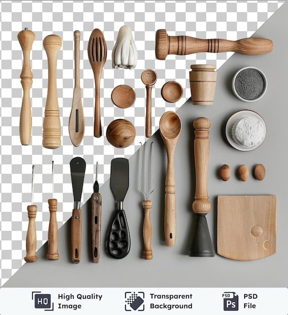 Objet Transparent Ensemble D'outils De Boulangerie Et De Pâtisserie Professionnels Affiché Sur Un Fond Transparent Avec Une Cuillère En Bois à Couteau Argenté Et Un Bol Blanc