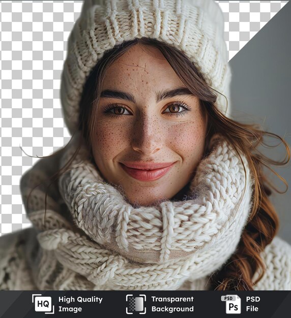 PSD objet transparent femme heureuse en vêtements blancs chauds tricotés souriante isolée sur un fond isolé