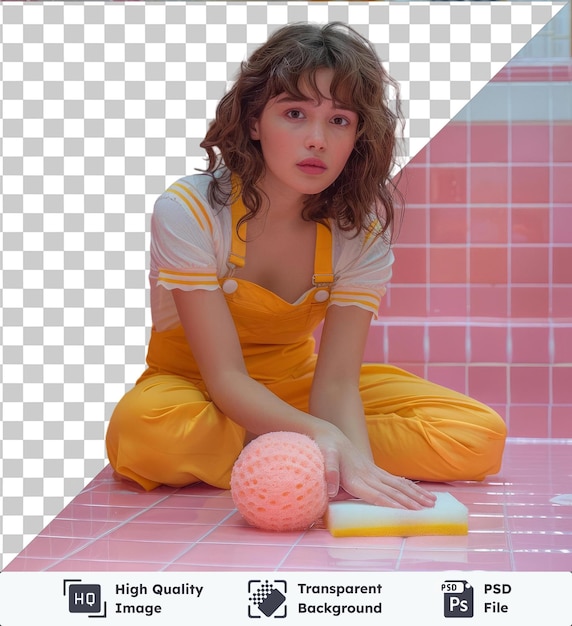 PSD objet transparent jeune femme furieuse nettoyant le sol par l'éponge tout en tenant une balle rose avec des cheveux bruns et une chemise jaune et blanche debout devant un mur carrelé rouge et rose avec un