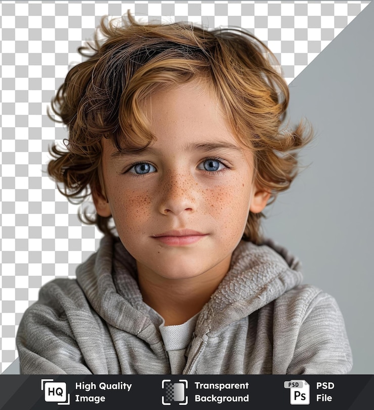 PSD objet transparent jeune garçon caucasien isolé sur un fond isolé avec des cheveux bruns bleus et des yeux bruns un petit nez et une lèvre rose avec une petite oreille visible au premier plan
