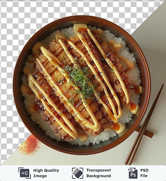 PSD objet transparent katsudone dans un bol de riz et de légumes