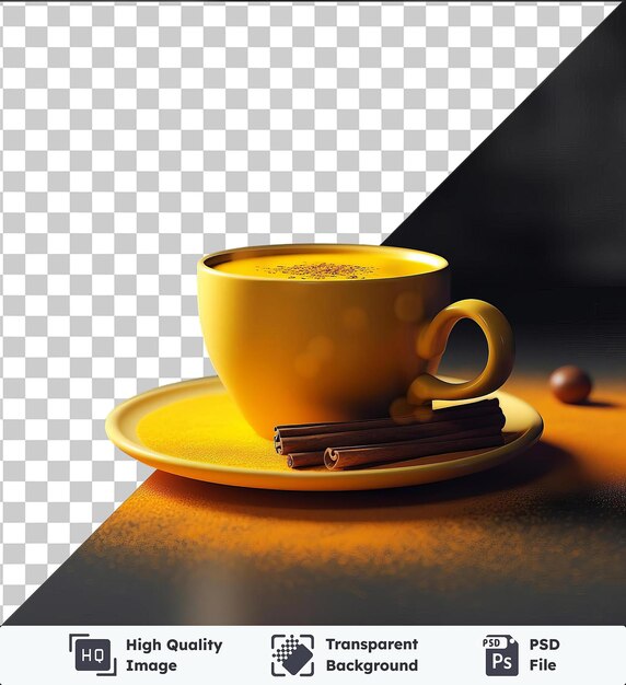 PSD objet transparent latte au curcuma doré dans une tasse jaune sur une soucoupe jaune placée sur une table noire avec un livre noir et brun à proximité et une poignée jaune visible dans le