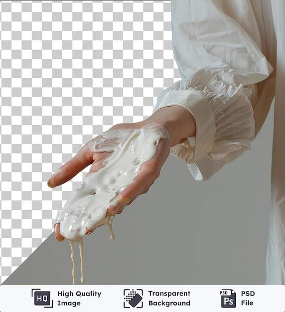 PSD objet transparent main féminine montrant des cosmétiques renversés sur une chemise blanche photo de haute qualité