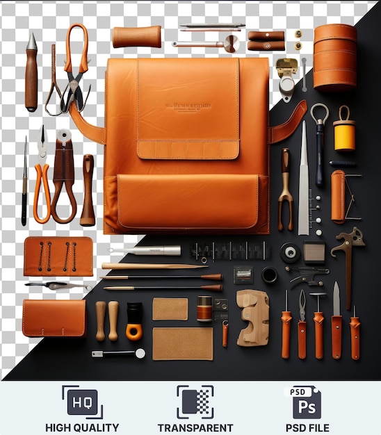 PSD objet transparent outils d'artisanat en cuir de luxe mis orange brun noir et orange affiché sur une table noire