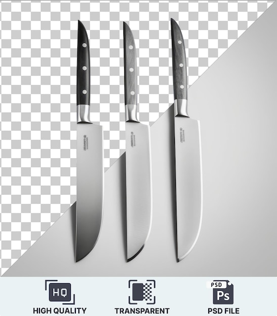 PSD objet transparent photographique réaliste set de couteaux culinaires du chef cuisinier couteaux en acier inoxydable à lames tranchantes et poignées argentées affichés sur un fond transparent