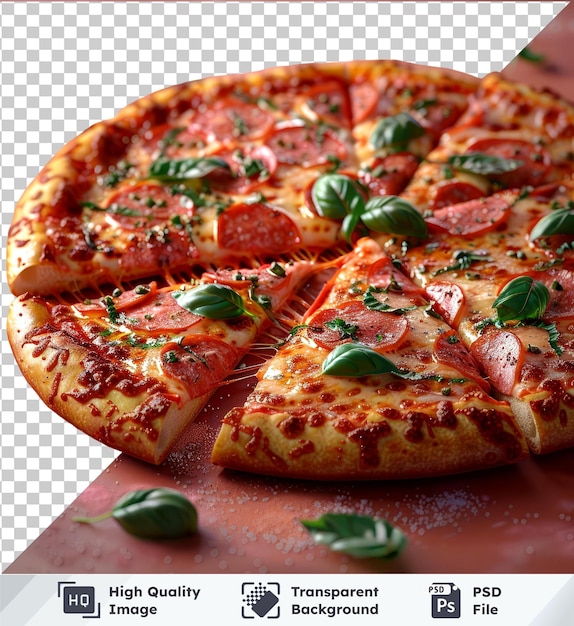 PSD un objet transparent, une pizza fraîchement cuite avec une tranche coupée et une feuille verte sur une table rouge