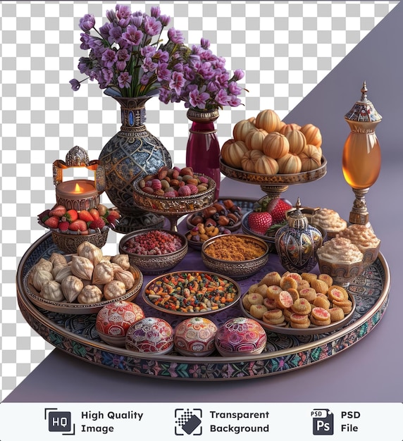 PSD objet transparent plateau de service d'iftar pour la nourriture du ramadan sur une table violette ornée d'une fleur violette et d'un panier brun accompagné d'un verre et d' un vase rouge contre un mur violet