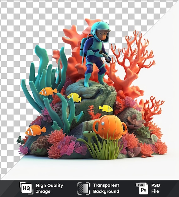 PSD objet transparent plongeur sous-marin 3d dessin animé nageant avec la vie marine majestueuse un éventail coloré de poissons et de fleurs