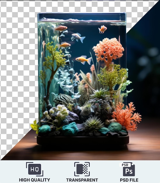 PSD objet transparent poisson exotique et récif aquarium mis un éventail coloré de poissons nagent parmi des fleurs et des plantes vibrantes sur une table en bois