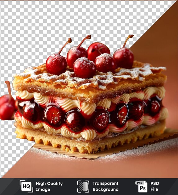 PSD un objet transparent, une tarte linzer surmontée de cerises rouges et d'une tige brune sur une table