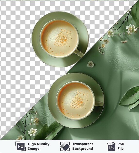 PSD objet transparent tasse de café salep et soucoupe ornée de fleurs blanches et de feuilles vertes sur un fond vert et transparent