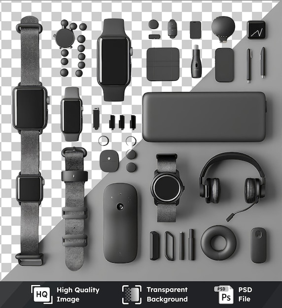 PSD objet transparent technologie portable intelligente sur un fond transparent avec une montre argentée et noire, des écouteurs gris et noirs et une télécommande noire et grise